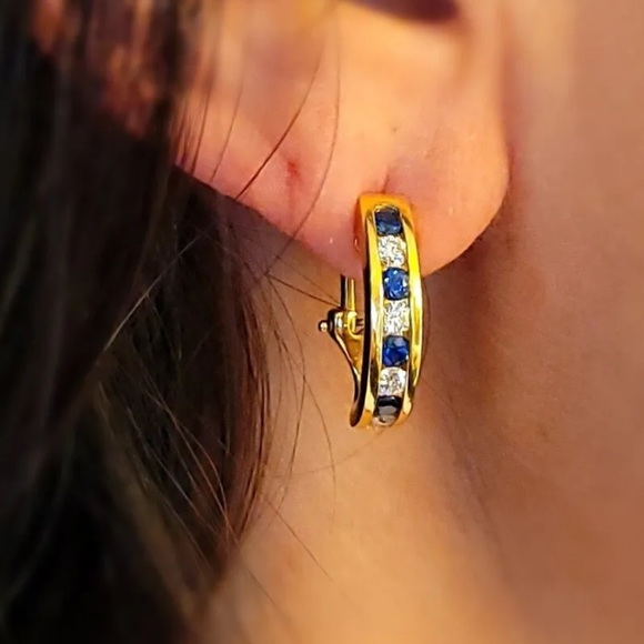 Authentic Tiffany & Co 18K Yellow Gold Diamond & Sapphire Huggie Earrings - Picture 4 of 10